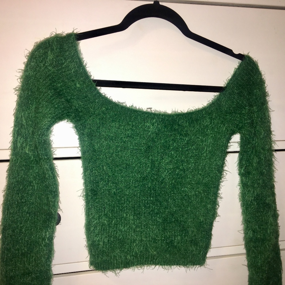Green Off Shoulder Cropped Fuzzy Sweater